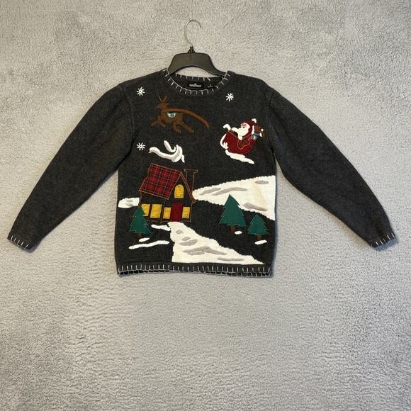 Vintage Ugly Christmas Sweater Grey Knit Ramie Cotton Blend Size Small Crew Neck - Picture 1 of 15